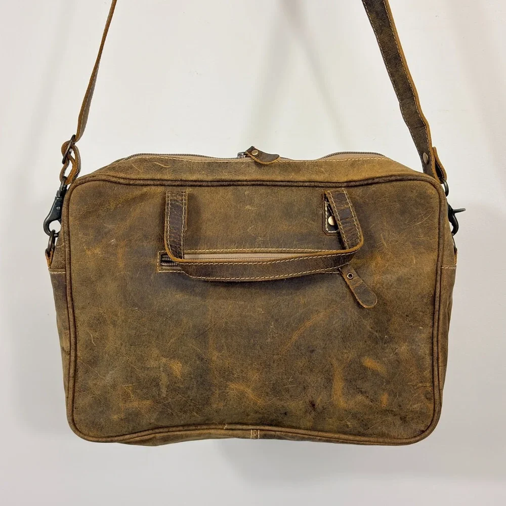 Myra Bag Brown Cheeta Leather, Leopard Hair on Cowhide Laptop Bag Fringe Western